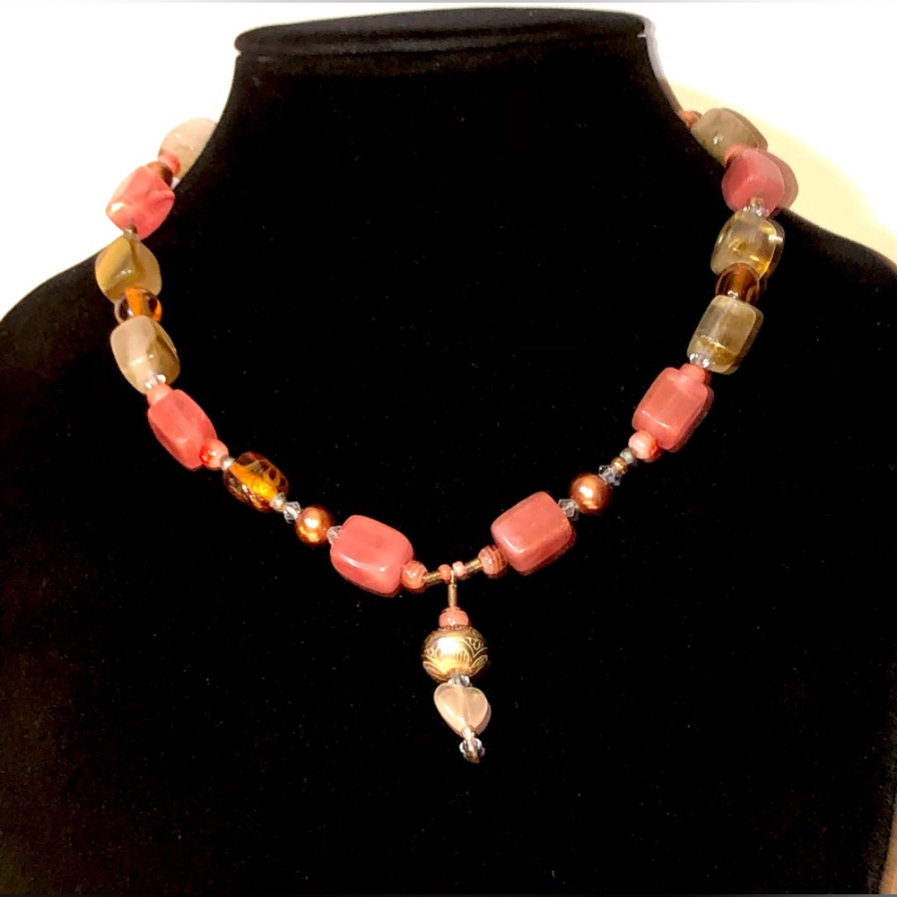 Natural Stone Bead Necklace Silver Pink Tan Engraved Bead Heart Handmade Vtg New